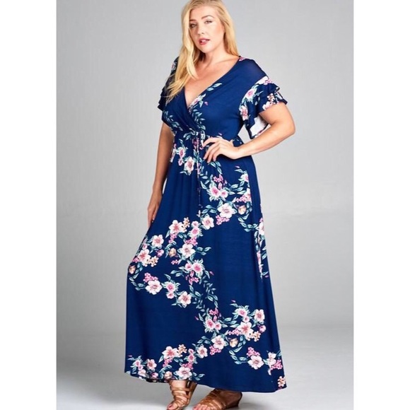 Plus Size Blue Floral Faux Wrap Maxi Dress - Picture 2 of 5